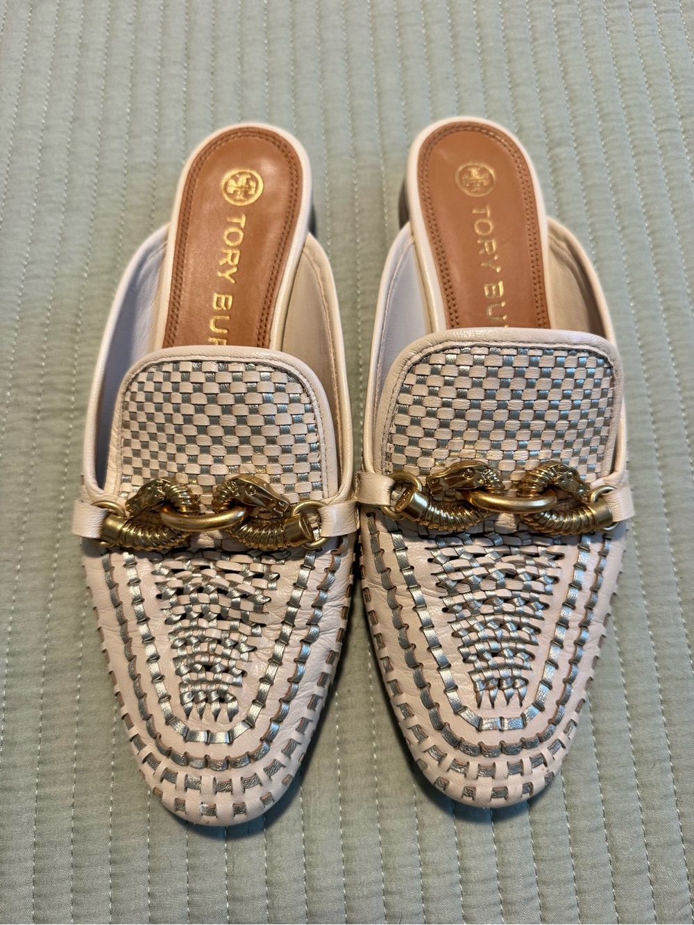 Tory Burch Jessa Woven Slip-On Loafers Mules Ivory Gold Size 7.5 - Picture 4 of 6